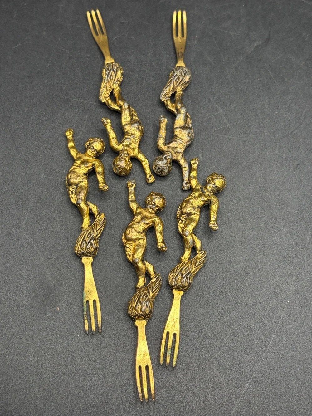 Vintage Cherub Cocktail Forks Mid Century Ornate Baroque Appetizer Utensils Set5